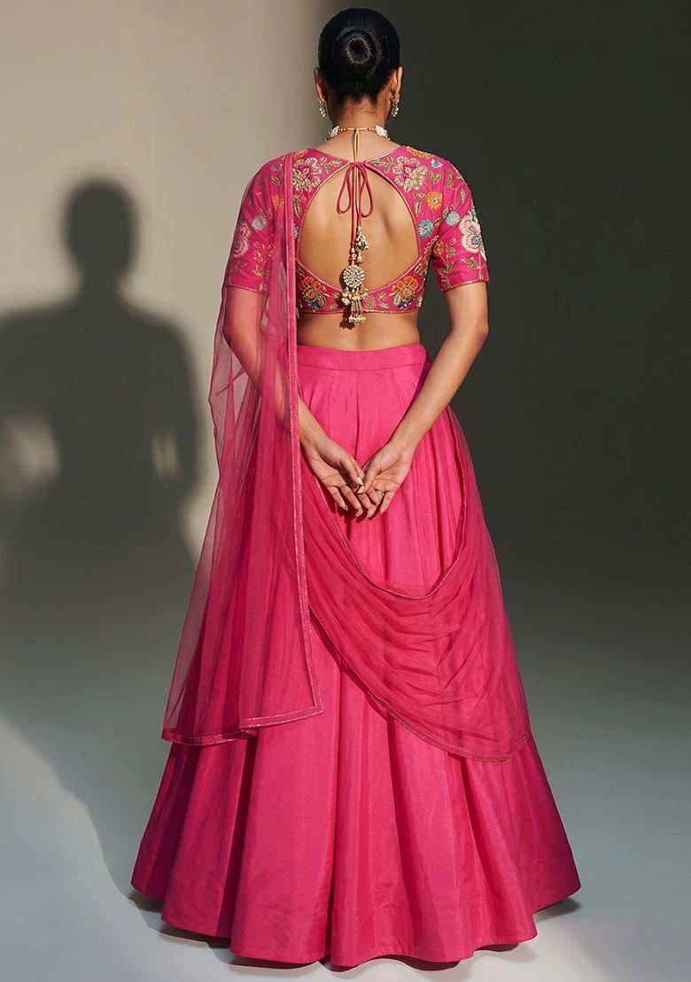 Magenta Pink Printed Organza Lehenga Set - Indya