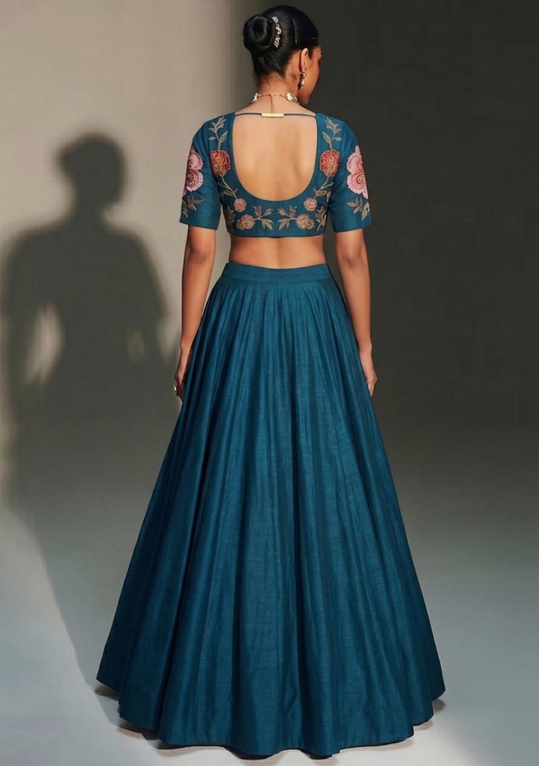 Teal Blue Printed Organza Lehenga Set - Indya