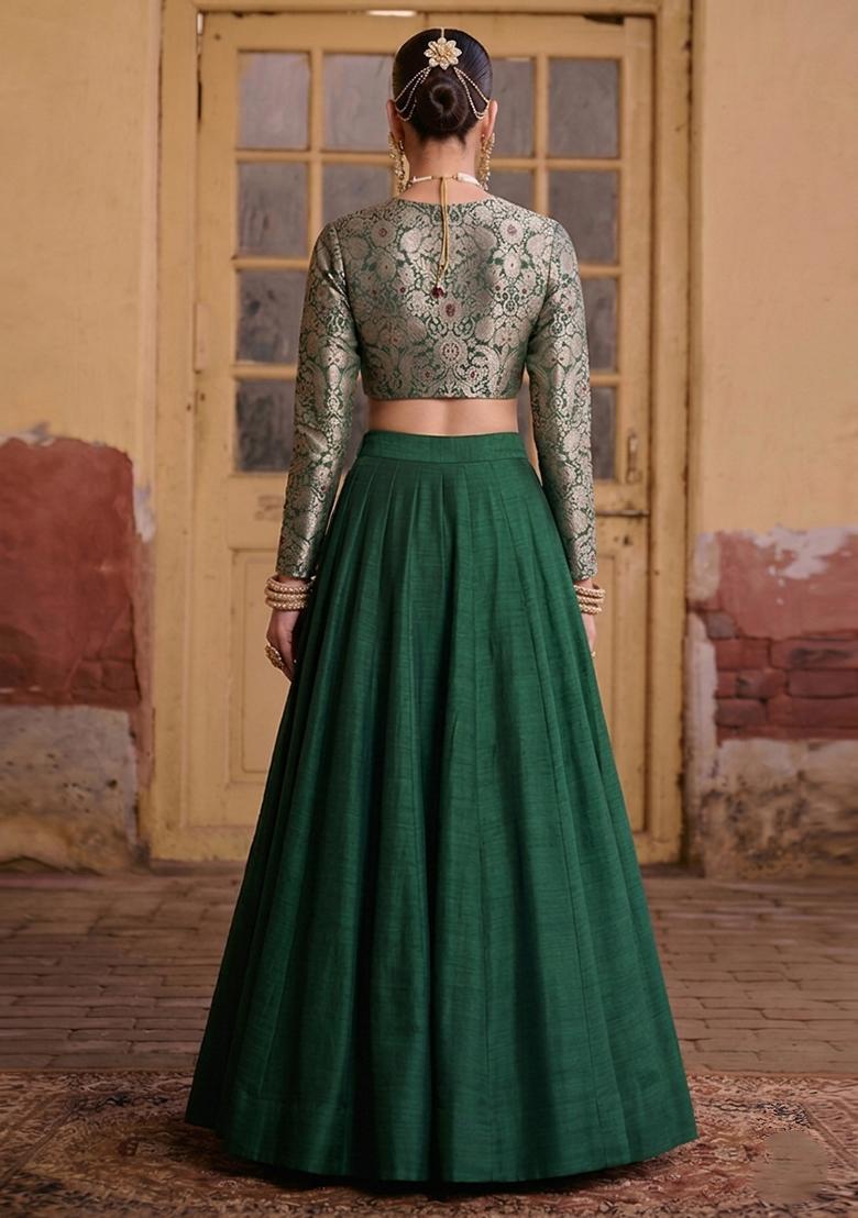 Emerald Green Brocade Lehenga Set - Indya
