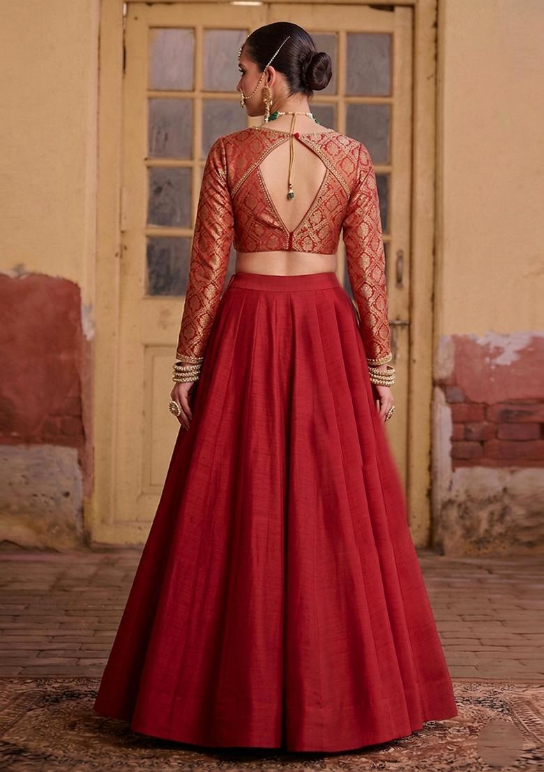 Red Brocade Lehenga Set - Indya