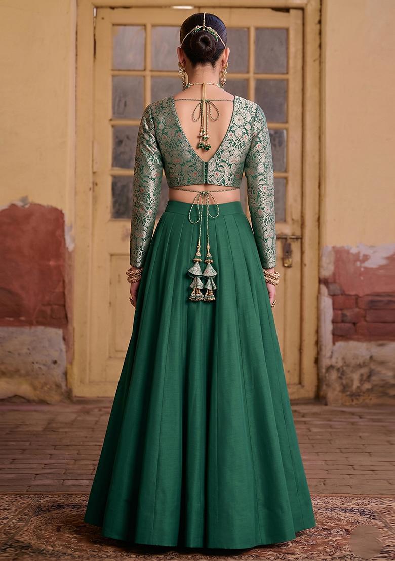 Hunter Green Brocade Lehenga Set - Indya