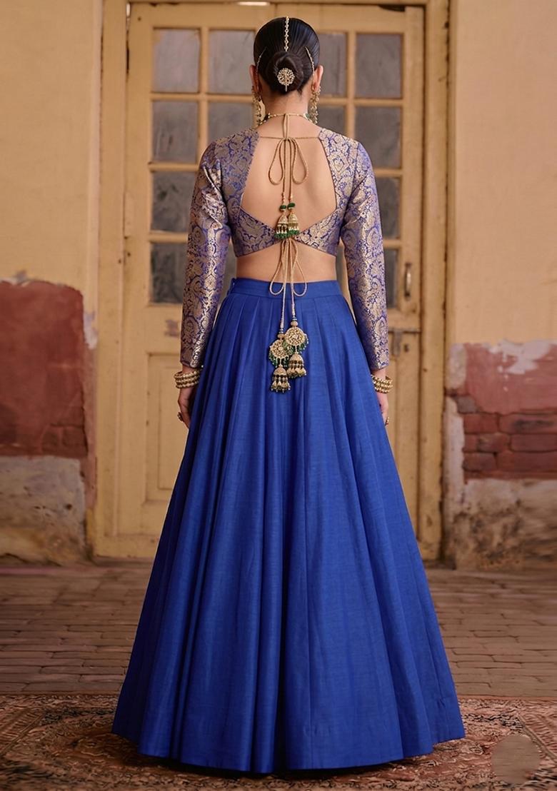 Cobalt Blue Brocade Lehenga Set - Indya