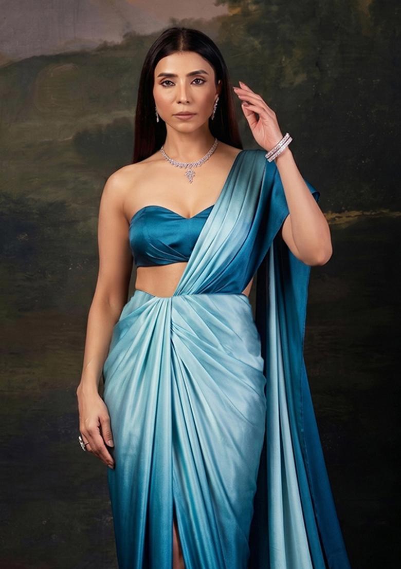 Blue Satin Pre Draped Saree Set - Indya