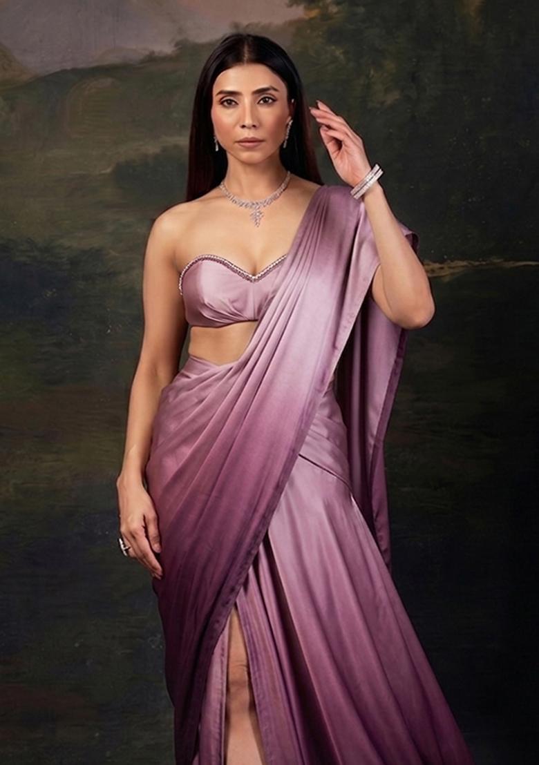 Purple Satin Pre Draped Saree Set - Indya