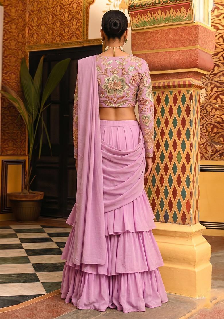 Pink Embroidered Organza Pre Draped Saree Set - Indya