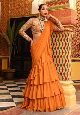 Orange Embroidered Organza Pre Draped Saree Set