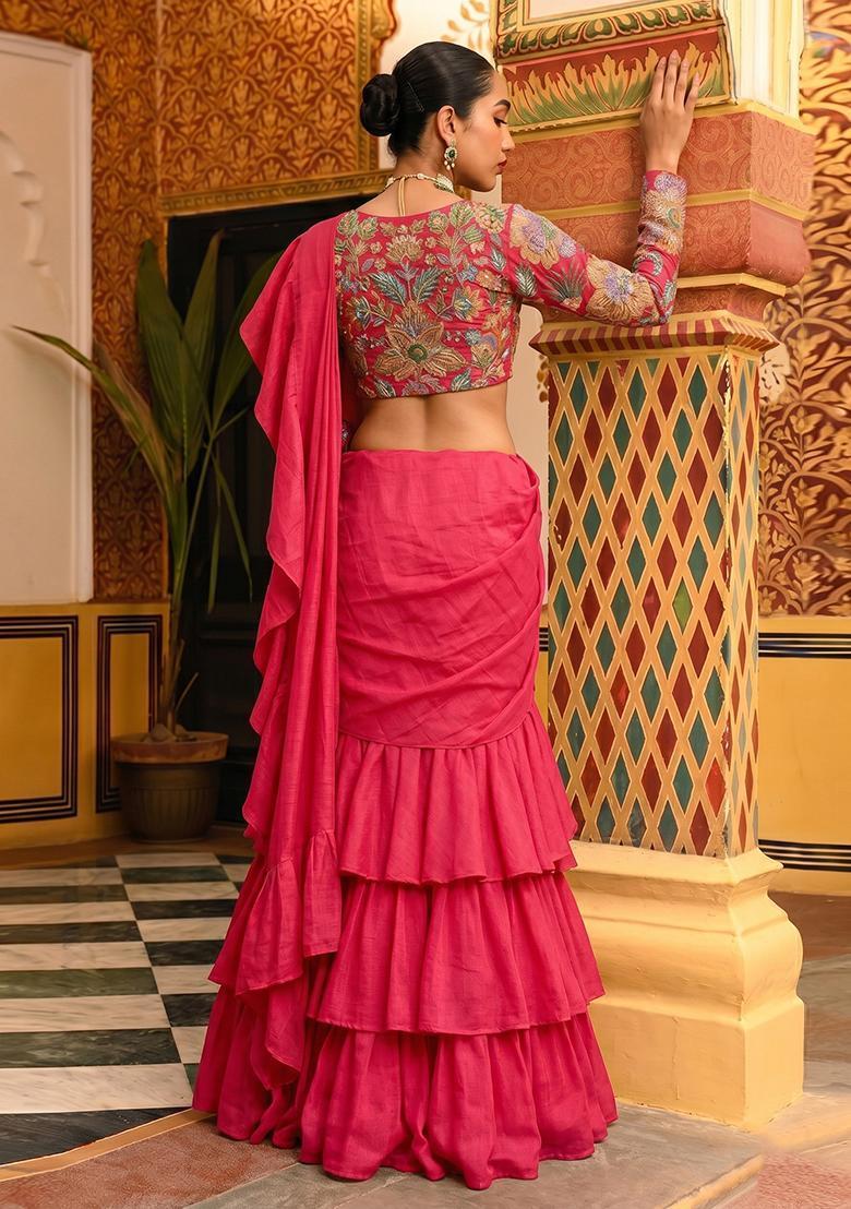 Crimson Red Embroidered Organza Pre Draped Saree Set - Indya