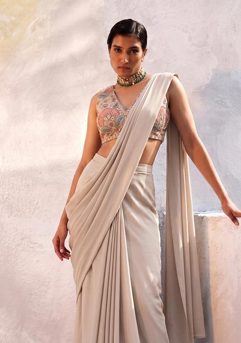 Soft Beige Embroidered Organza Pre Draped Saree Set - Indya