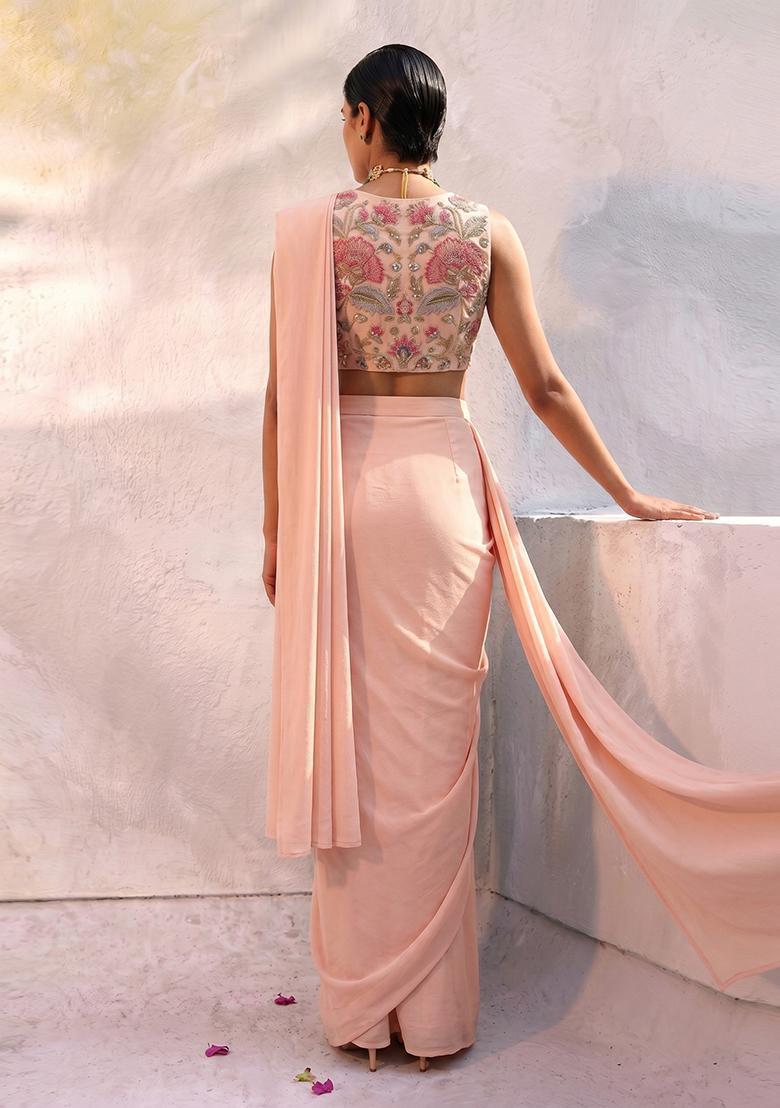 Peach Embroidered Organza Pre Draped Saree Set - Indya