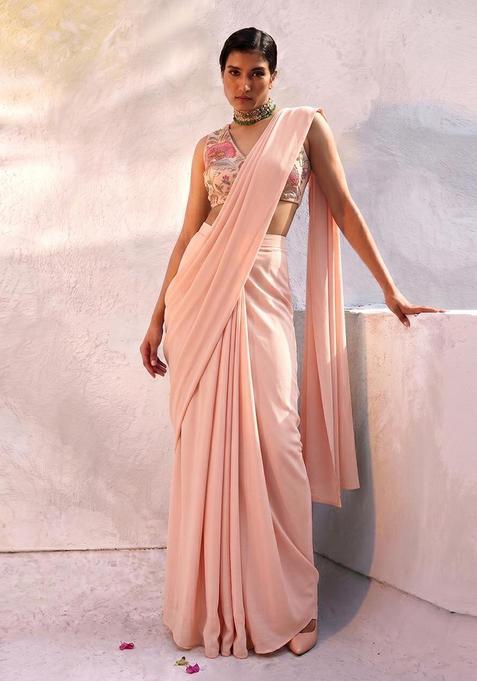 Peach Embroidered Organza Pre Draped Saree Set