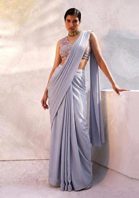 Pastel Blue Embroidered Organza Pre Draped Saree Set