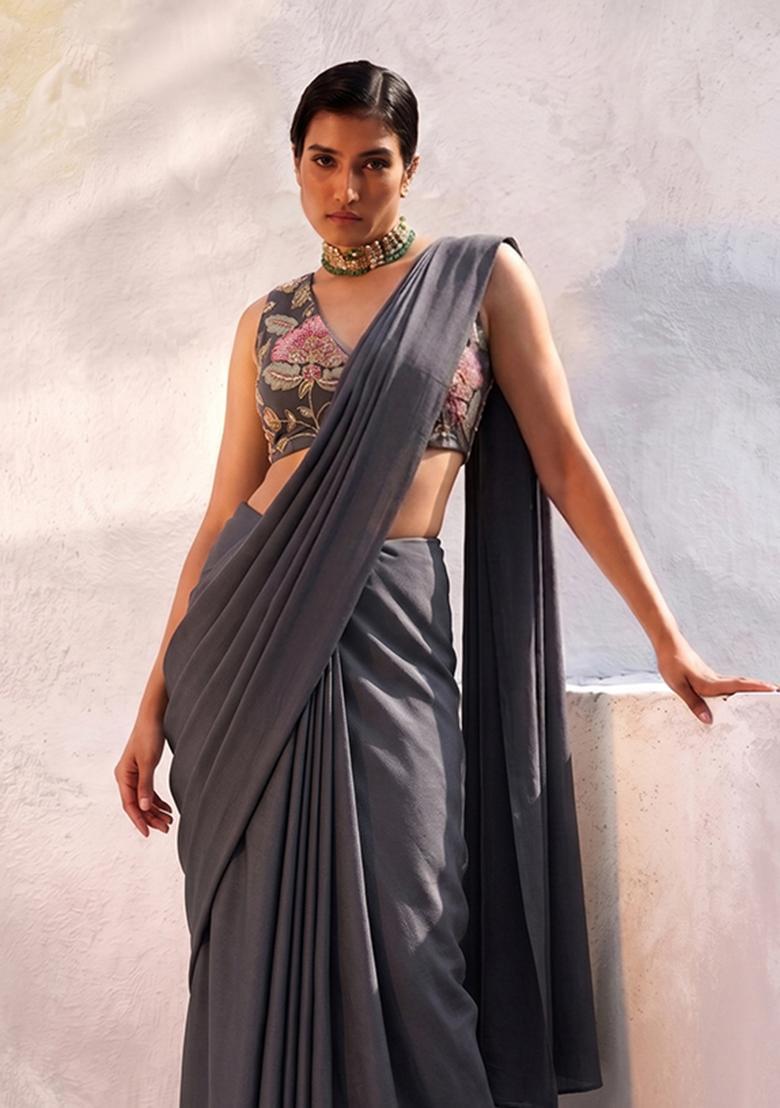 Black Embroidered Organza Pre Draped Saree Set - Indya