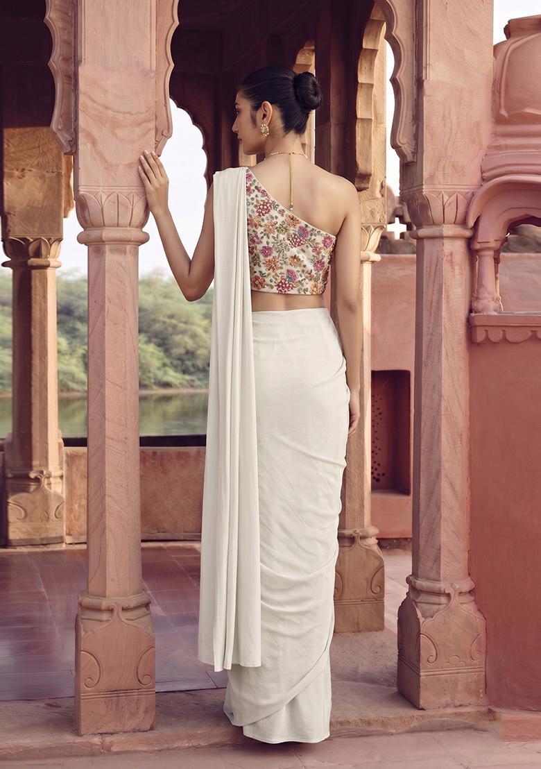 Ivory Printed Crepe Pre Draped Saree Set - Indya