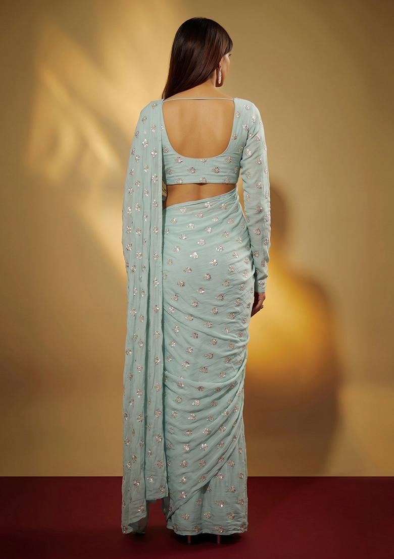 Pastel Blue Embroidered Chanderi Pre Draped Saree Set - Indya