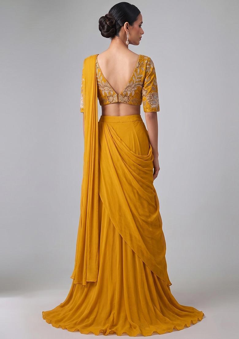 Mustard Yellow Printed Organza Pre Draped Saree Set - Indya