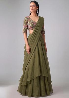 Olive Green Printed Organza Pre Draped Saree Set