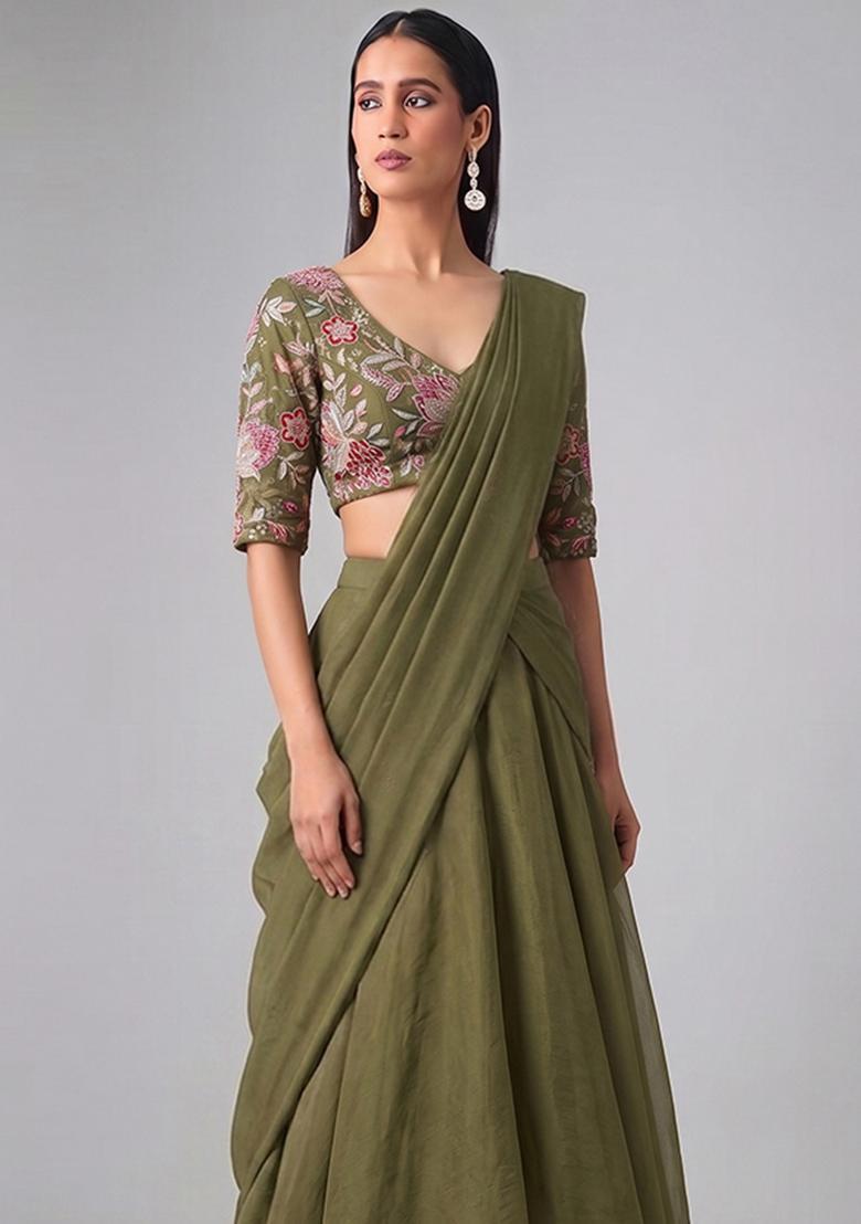 Olive Green Printed Organza Pre Draped Saree Set - Indya