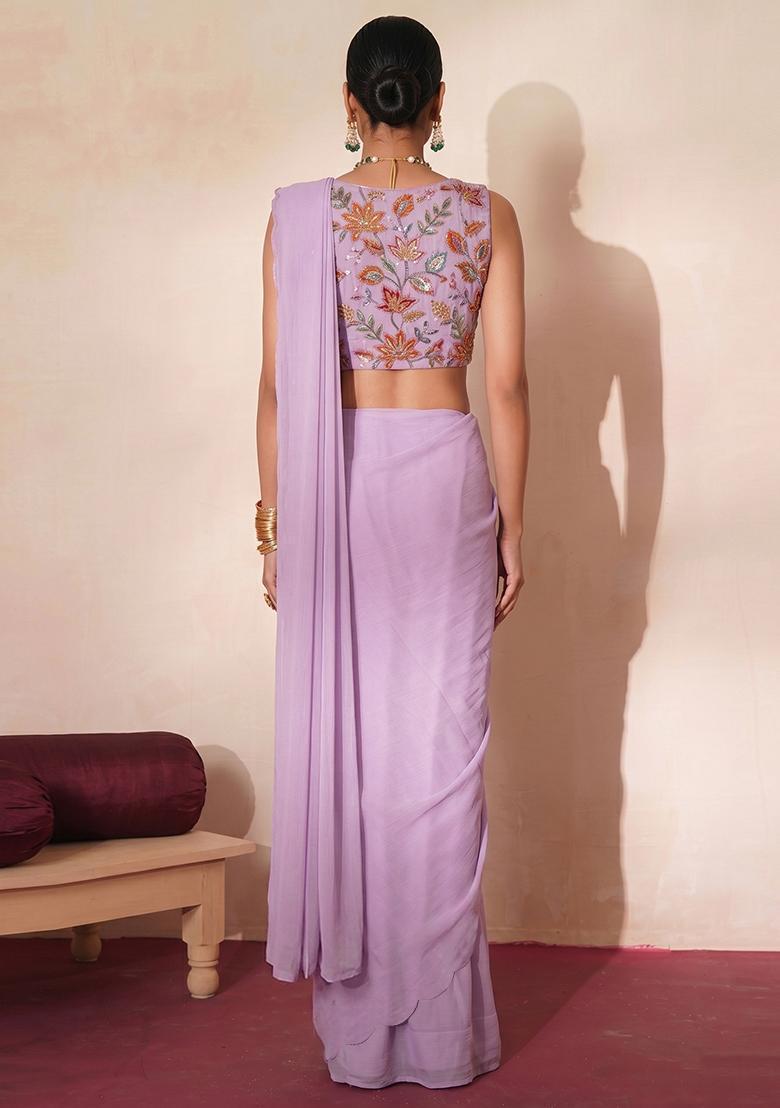Lavender Embroidered Organza Pre Draped Saree Set - Indya