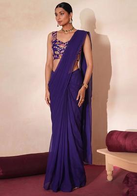 Purple Embroidered Organza Pre Draped Saree Set