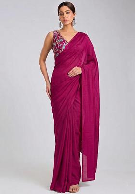 Hot Pink Printed Crepe Pre Draped Saree Set
