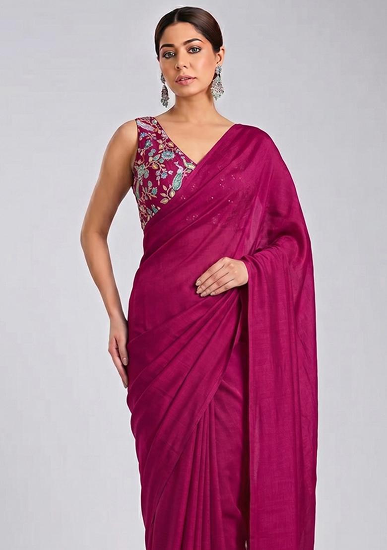 Hot Pink Printed Crepe Pre Draped Saree Set - Indya