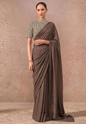 Brown Mirror Georgette Pre Draped Saree Set