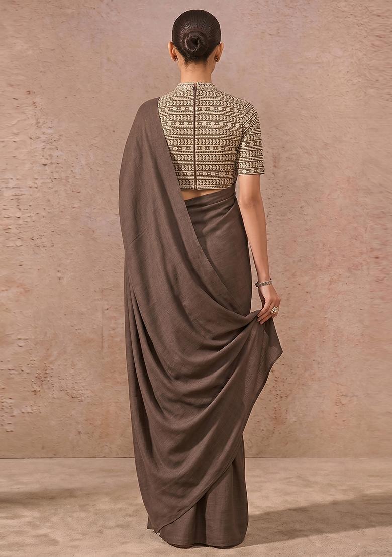 Brown Mirror Georgette Pre Draped Saree Set - Indya