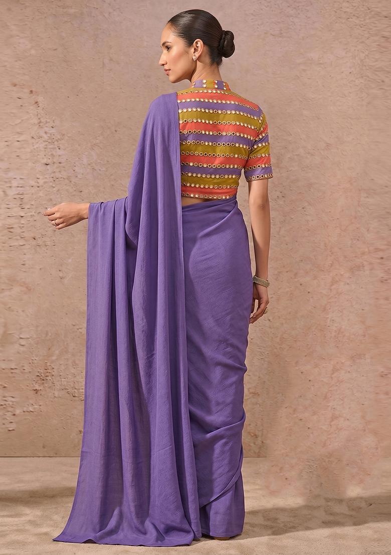 Purple Mirror Organza Pre Draped Saree Set - Indya