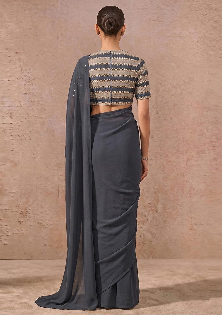 Charcoal Grey Mirror Organza Pre Draped Saree Set - Indya