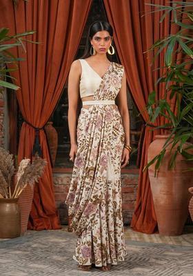 Beige Printed Chinon Pre Draped Saree Set