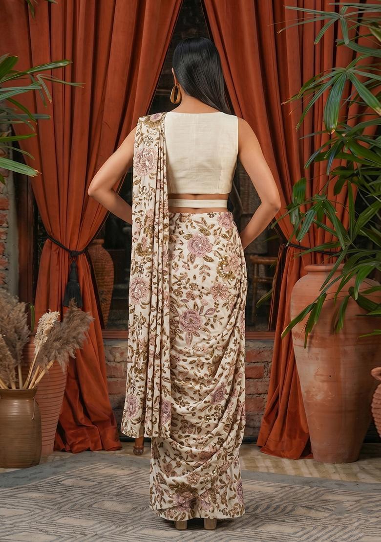 Beige Printed Chinon Pre Draped Saree Set - Indya