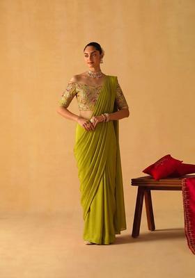 Lime Green Printed Chanderi Pre Draped Saree Set