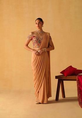 Peach Printed Chanderi Pre Draped Saree Set
