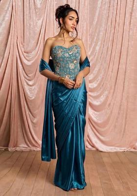 Teal Blue Embroidered Georgette Pre Draped Saree Set