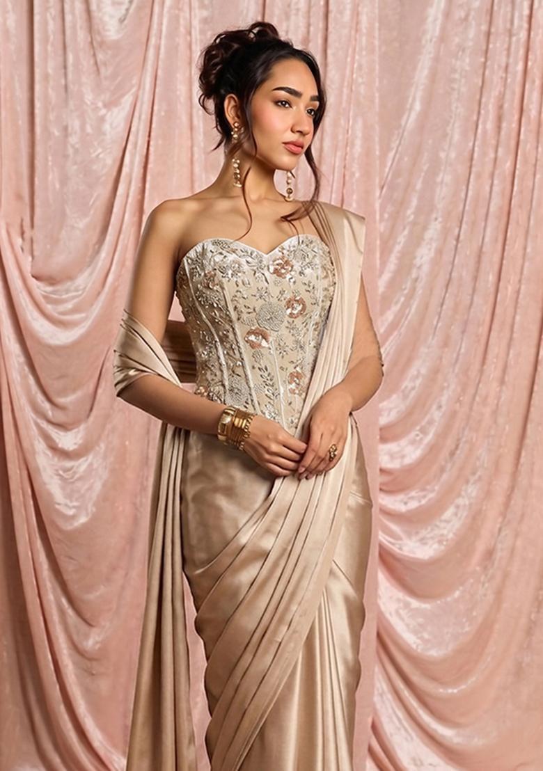 Soft Beige Embroidered Georgette Pre Draped Saree Set - Indya