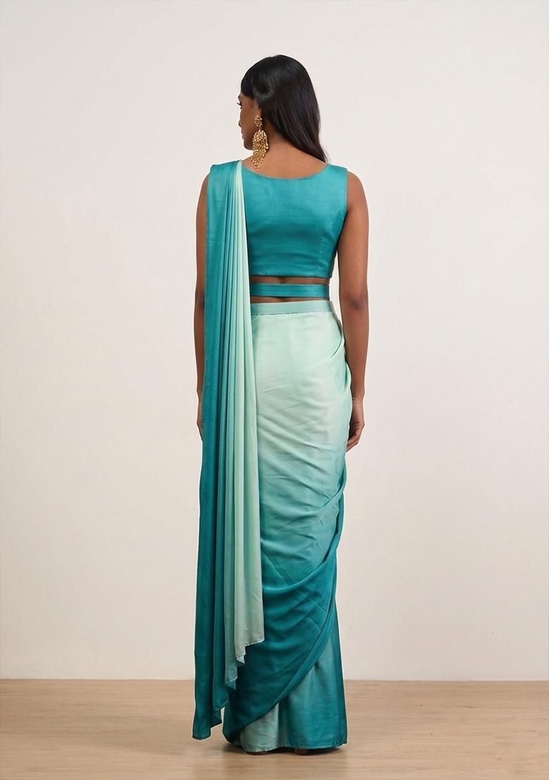 Teal Blue Satin Pre Draped Saree Set - Indya