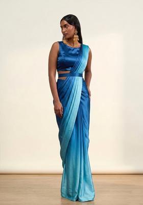 Blue Satin Pre Draped Saree Set