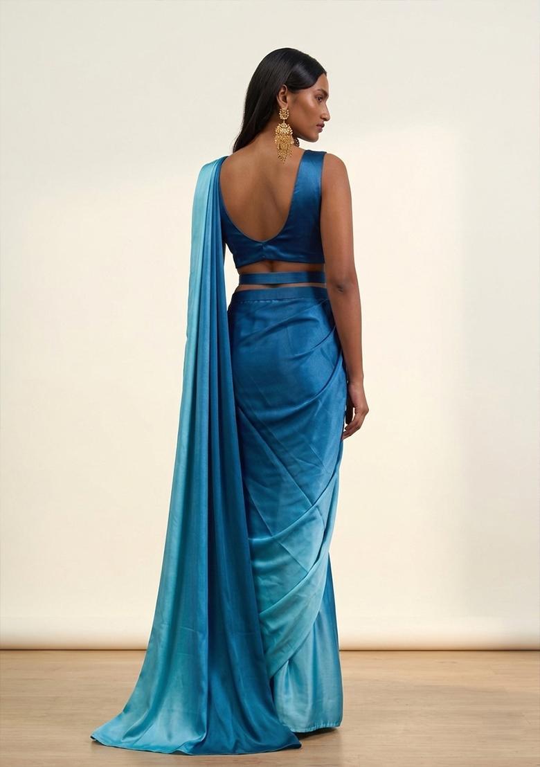 Blue Satin Pre Draped Saree Set - Indya