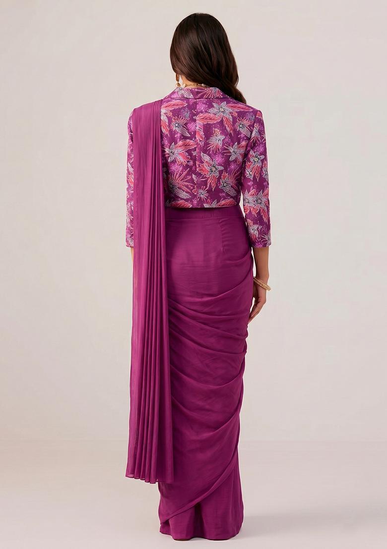 Rani Pink Printed Crepe Pre Draped Saree Set - Indya