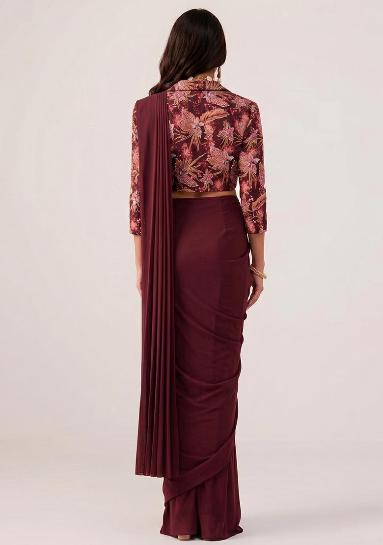 Deep Wine Printed Crepe Pre Draped Saree Set - Indya