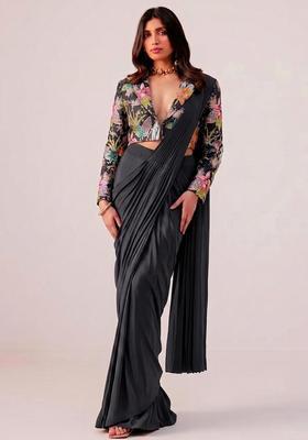 Charcoal Grey Printed Crepe Pre Draped Saree Set