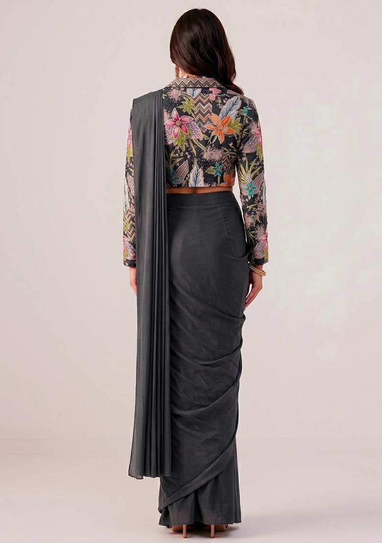 Charcoal Grey Printed Crepe Pre Draped Saree Set - Indya