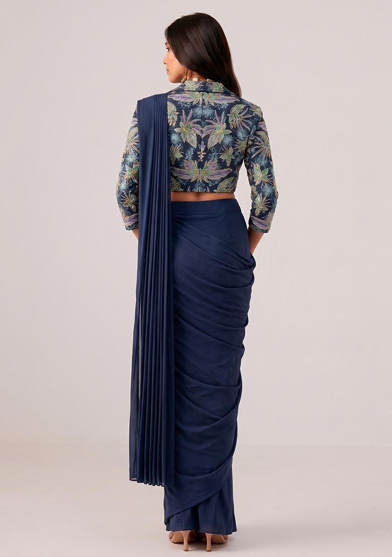 Midnight Blue Printed Crepe Pre Draped Saree Set - Indya