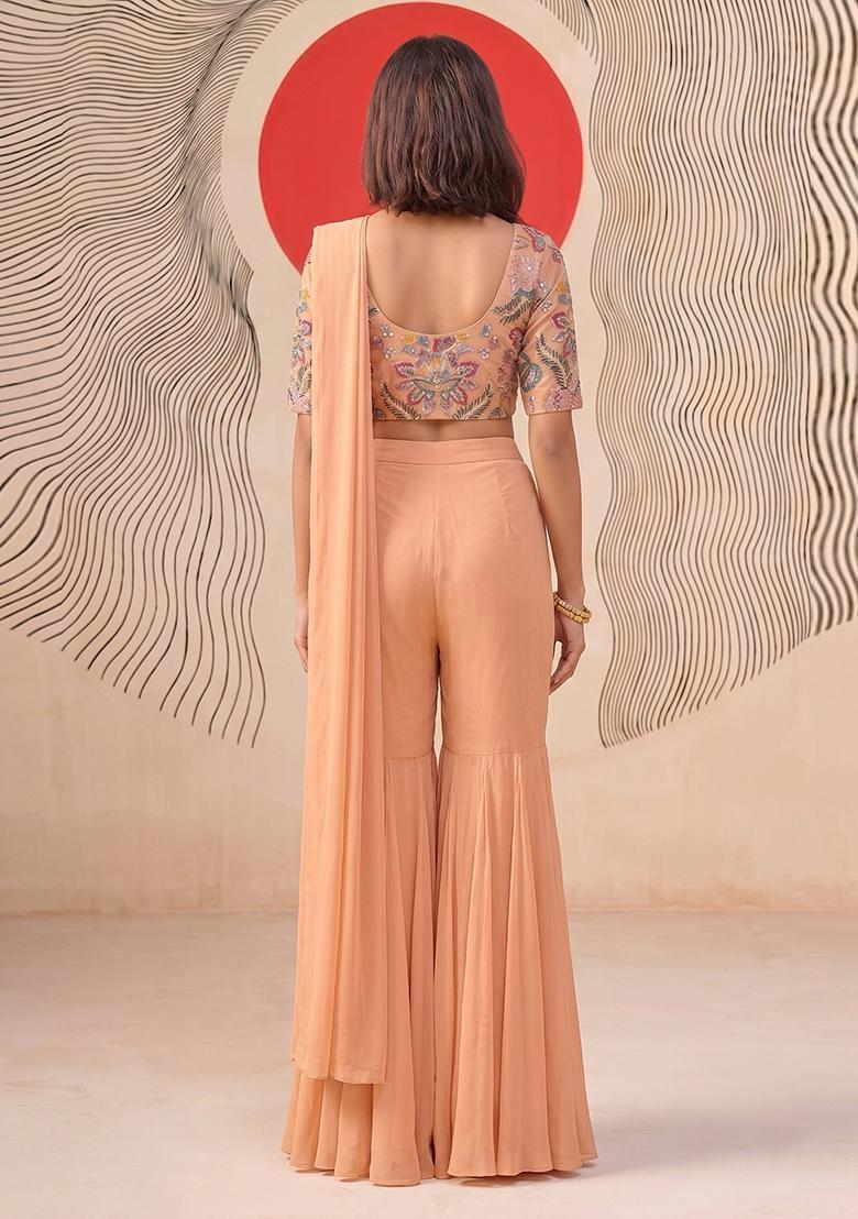 Peach Printed Organza Fusion Set - Indya