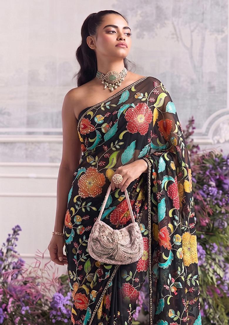 Black Printed Organza Pre Draped Saree Set - Indya