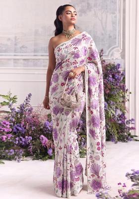 Lavender Printed Organza Pre Draped Saree Set
