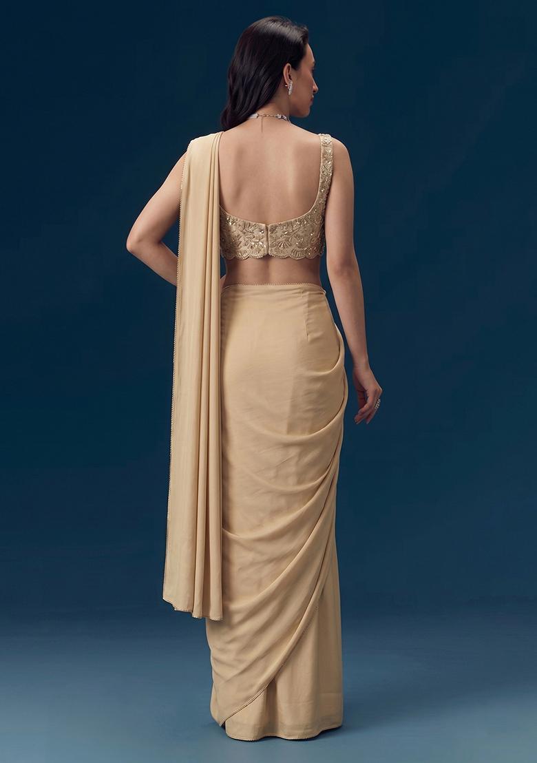 Champagne Gold Embroidered Georgette Pre Draped Saree Set - Indya