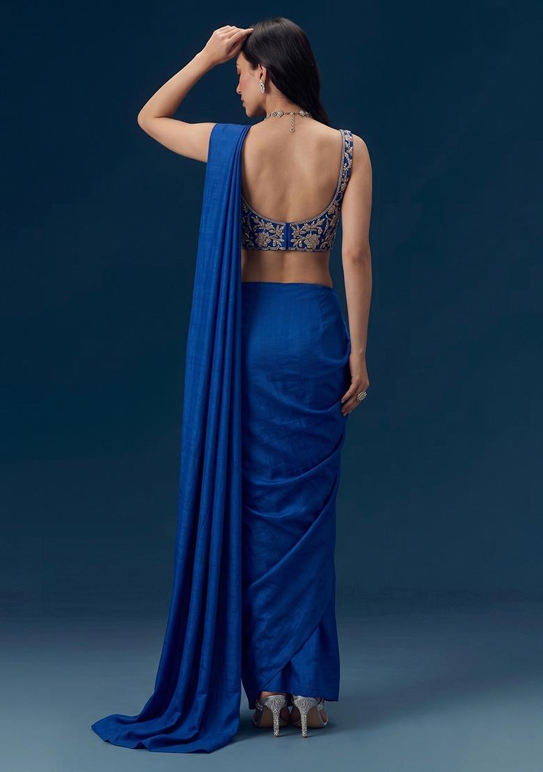 Navy Blue Embroidered Georgette Pre Draped Saree Set - Indya