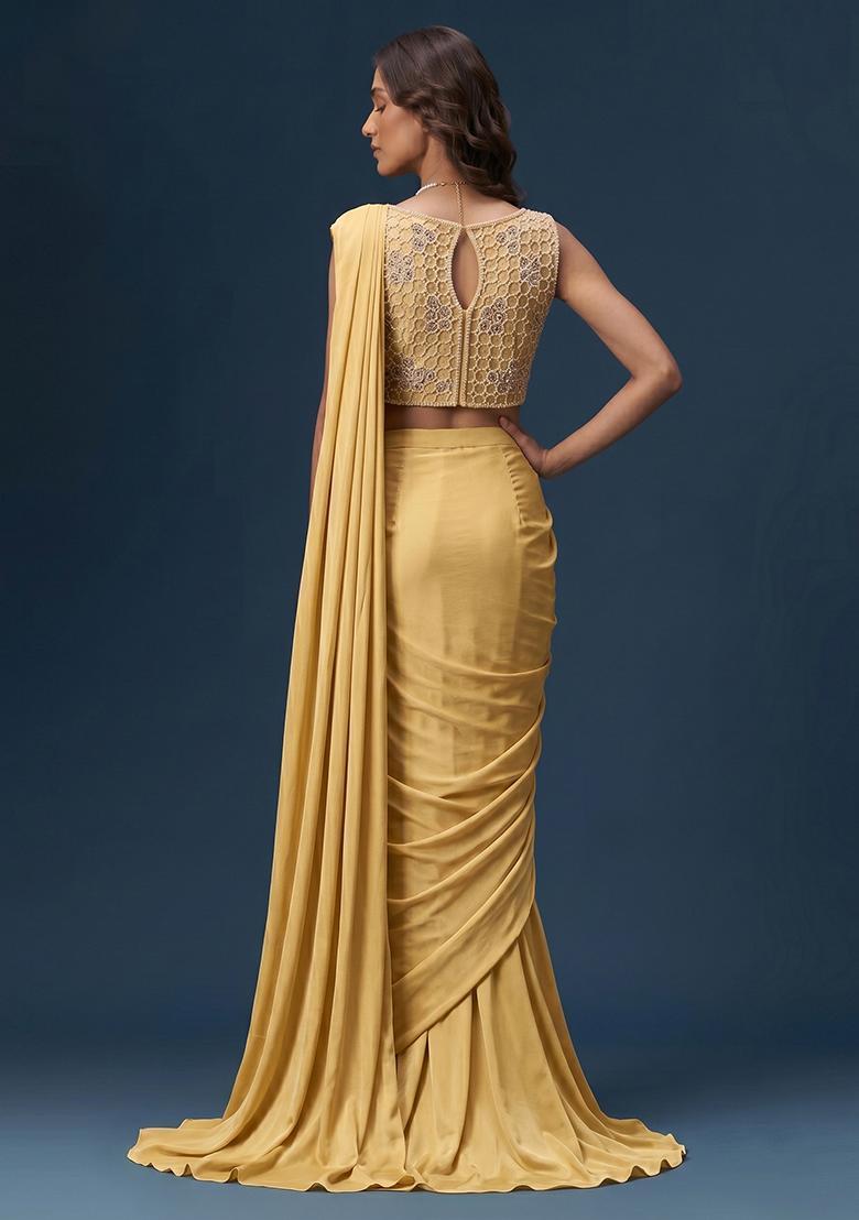 Yellow Embroidered Net Pre Draped Saree Set - Indya