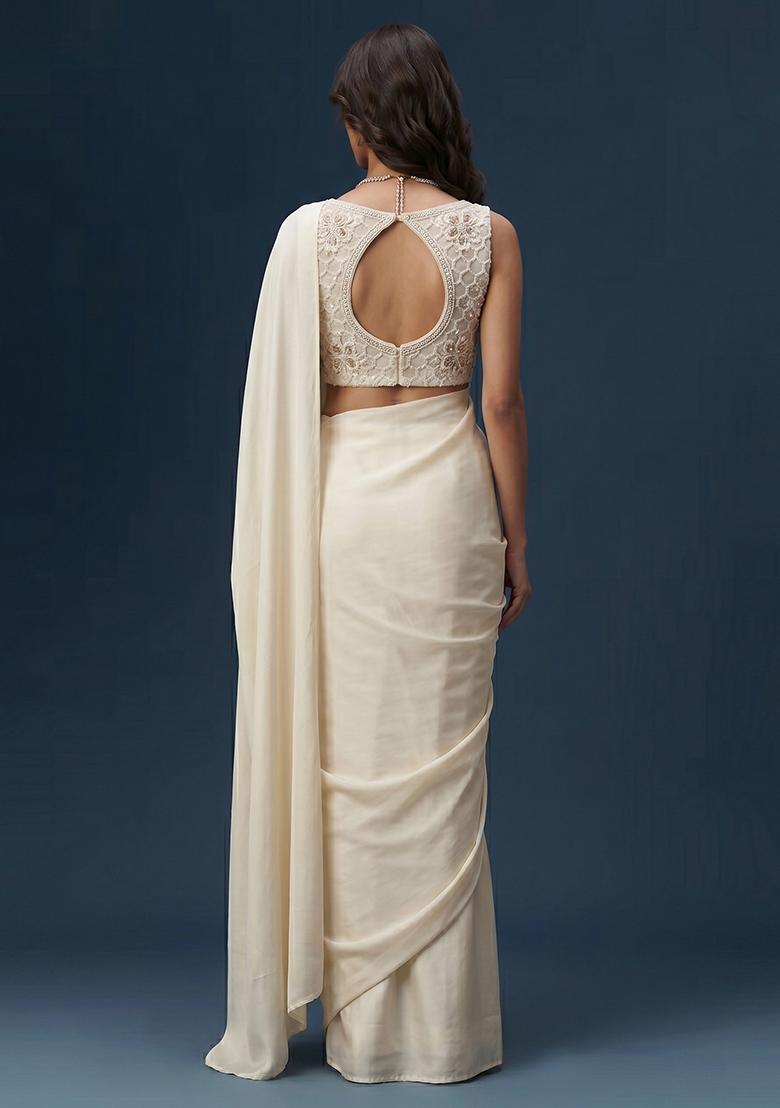 White Embroidered Net Pre Draped Saree Set - Indya